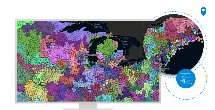 Computer monitoring showing multicolored map with scattered dots