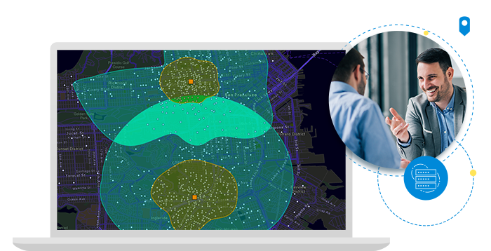 Laptop showing street grid map with green circles highlighting two regions