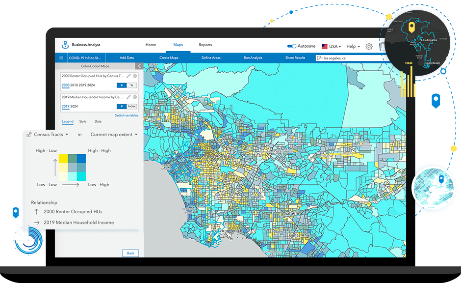 Laptop showing color coded map and Business Analyst interface