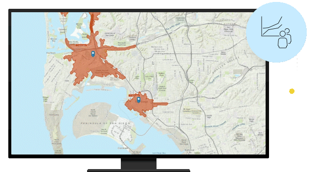 Computer monitor showing interactive street map and demographic profile data