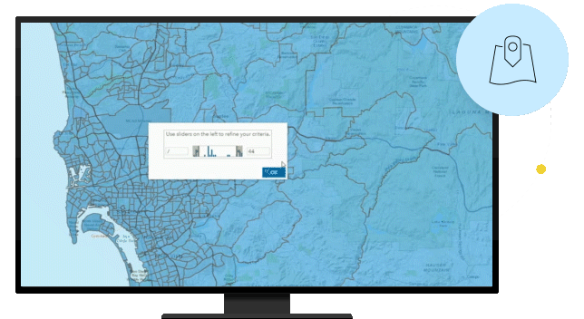 Computer monitor showing interactive map in blue with different regions highlighted in beige