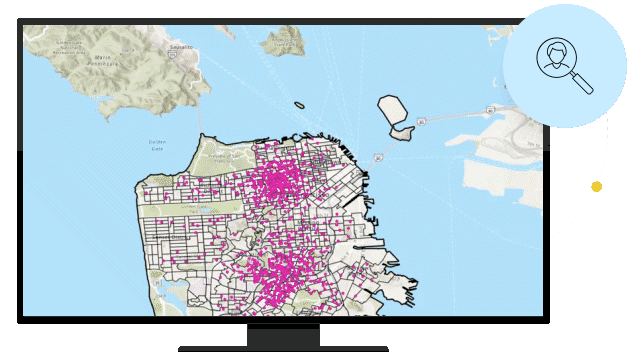 Computer monitor showing an interactive multicolored street map
