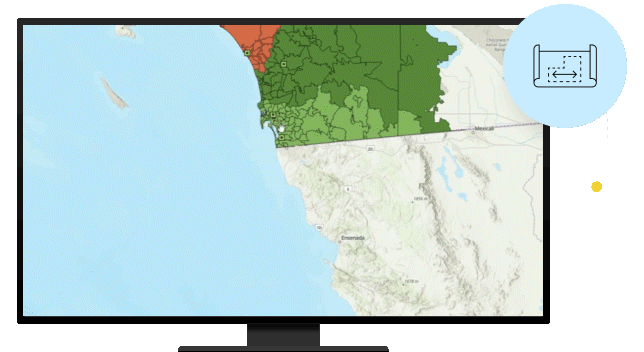 Computer monitor showing map of land and ocean and bar graph with data