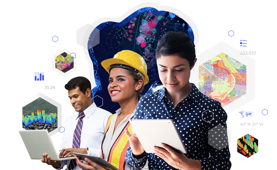 Young professional man with a laptop, female construction worker in a hard with a tablet, and a young woman using a tablet