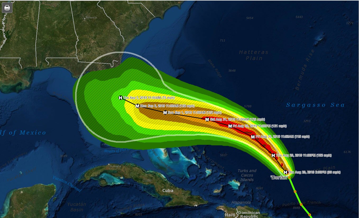 Aerial view of a Hurricane Dorian as it approaches land