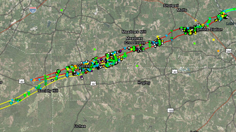 Map of Oklahoma showing damage path from tornado