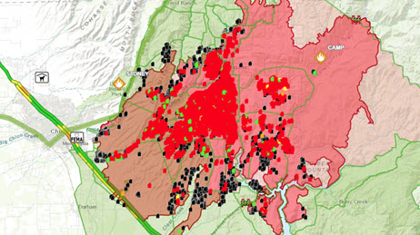 Map of the Camp Fire near Paradise California showing the boundary of the fire and structure status