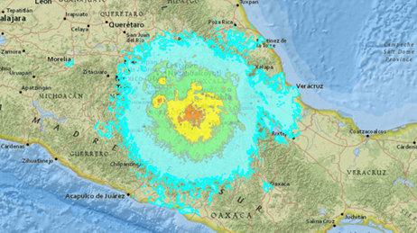 Map of the area around Puebla, Mexico showing different colours to represent the earthquake's impact