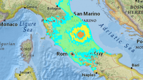 Map of the area around Visso, Italy showing different colours to represent the earthquake's impact
