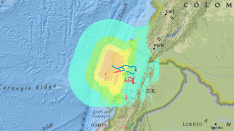 Map of the earthquake off the coast of Muisne, Ecuador using different colours to represent the impact