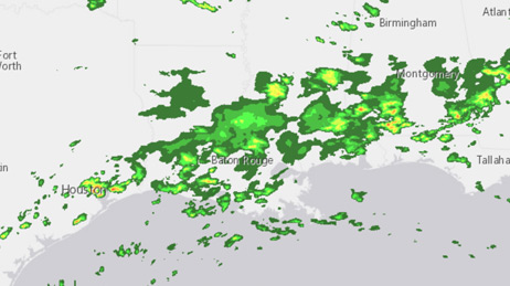 Map of southern Louisiana with green colour sections representing flooding damage