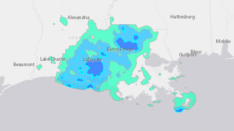 Map of the area around southern Louisiana showing different colours to represent the flood's impact