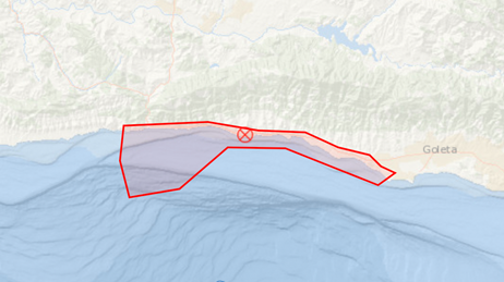 Map with the coastal area affected by the Refugio oils spill marked in red