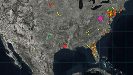 Map of the United States with different coloured dots of varying sizes to represent hurricane response planning