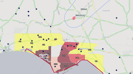 Map of the Florida with areas shown in colour to represent power outages after Hurricane Michael passes through