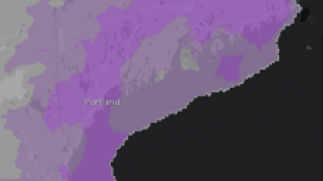 Snowfall activity shown in varying hues of purple over the Pacific Northwest.
