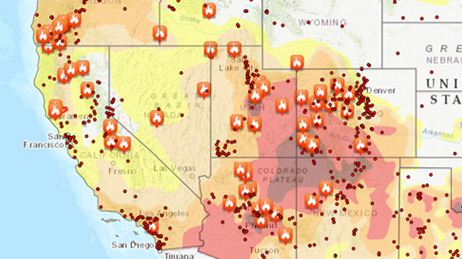 Map showing icons representing current fires in the United States