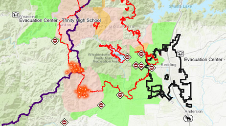 Map of the Carr Fire near Redding California showing the boundary of the fire