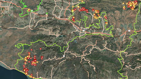 Map of the Woolsey Fire in Ventura and LA Counties showing the damaged structures