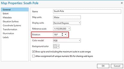 Screenshot of map properties panel indicating south pole rotation settings