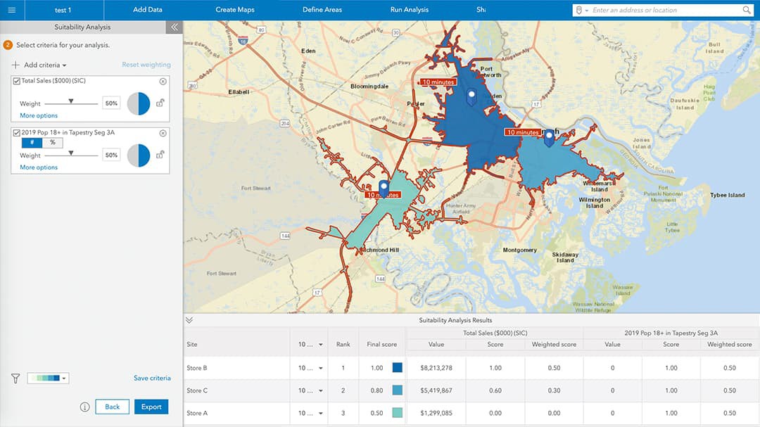 ArcGIS Business Analyst Extension for ArcGIS Pro Map of the Savannah, GA area with a suitability analysis for three potential locations.